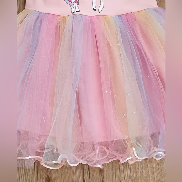 Baby Girls Cute Unicorn Graphic Design Mesh Short Sleeve Dress Clothes - Picture 4 of 8